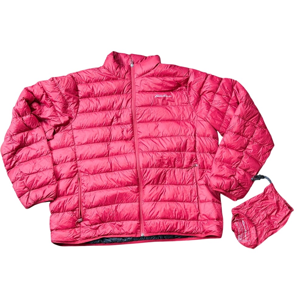 Eddie Bauer Puffer Jacket Mens 2XL Red Excellent Packable Down Insulated‎ Zip